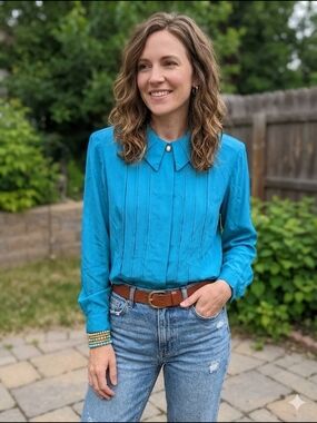 Vintage 80s Pleated Silky Blouse With Shoulder Pads Retro